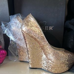 Pleaser Stiletto Wedge Glitter Gold Sz 6